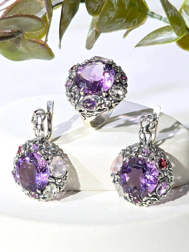 Серебряное кольцо ETERI с аметистом, турмалином и розовым кварцем